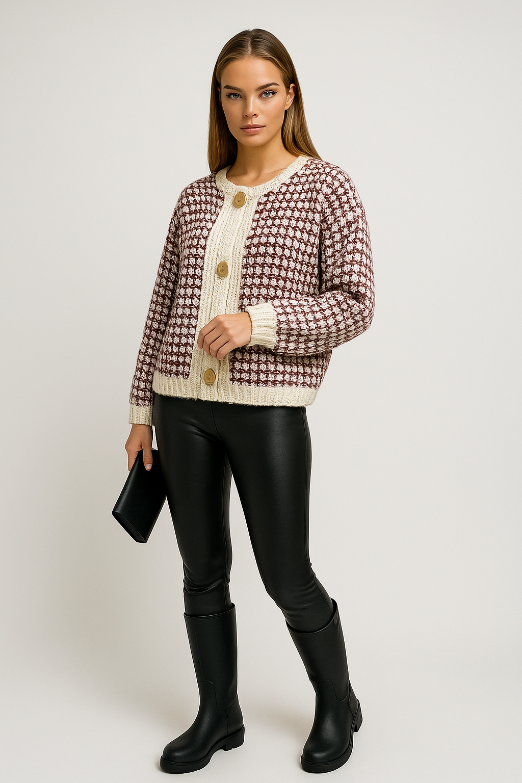 Strick-Cardigan kariert mit Zierknöpfen