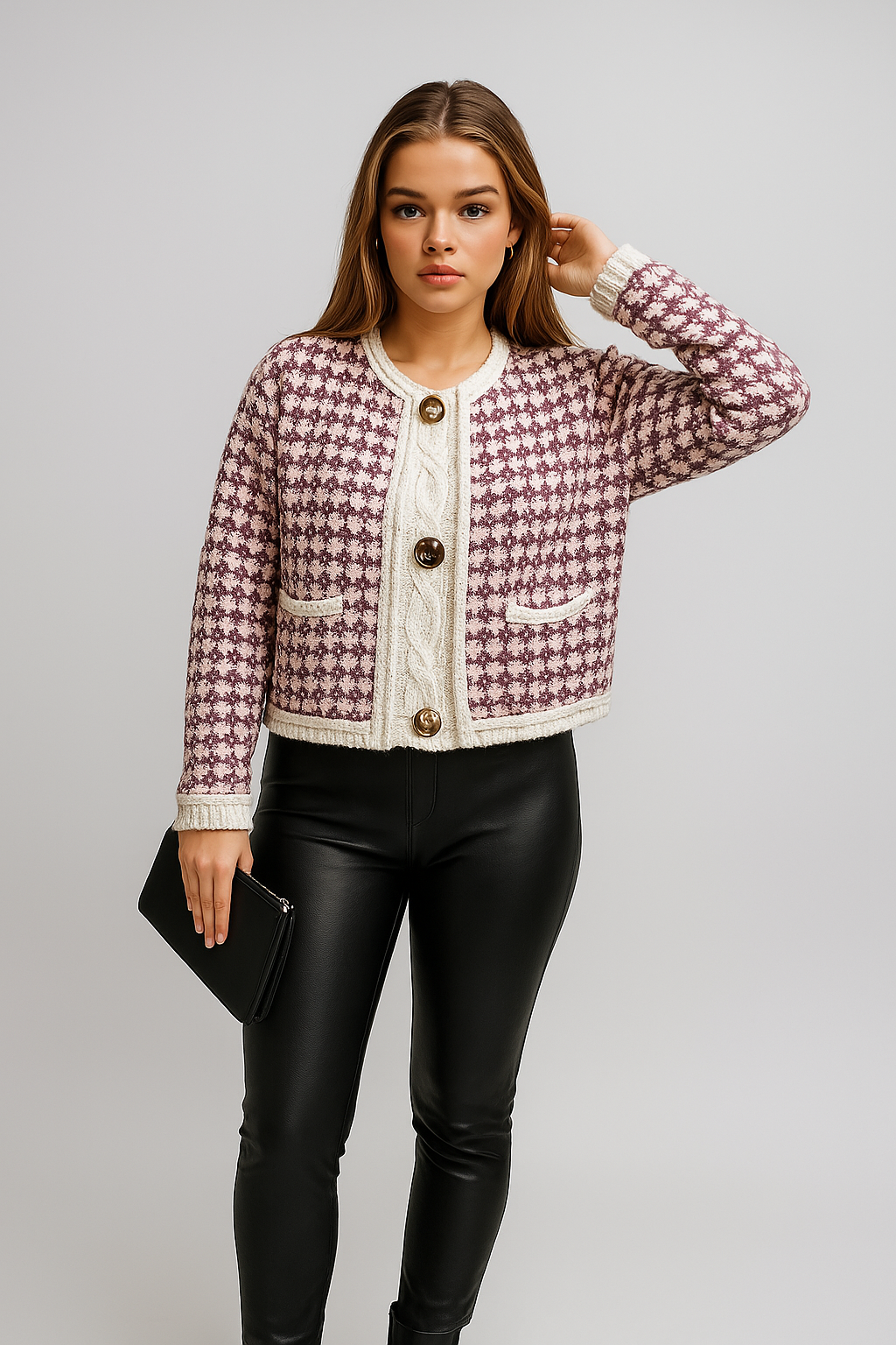 Strick-Cardigan kariert mit Zierknöpfen