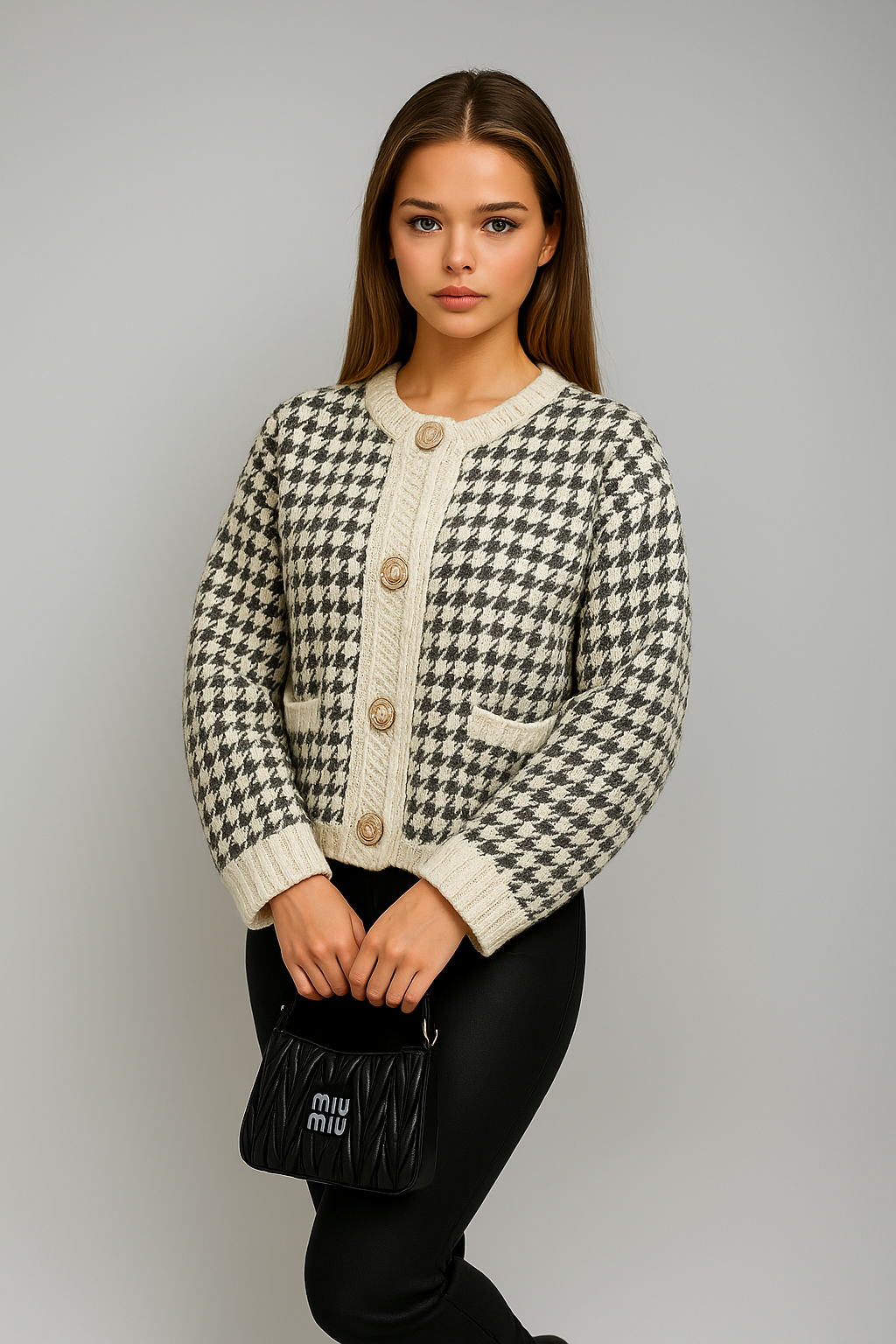 Strick-Cardigan kariert mit Zierknöpfen