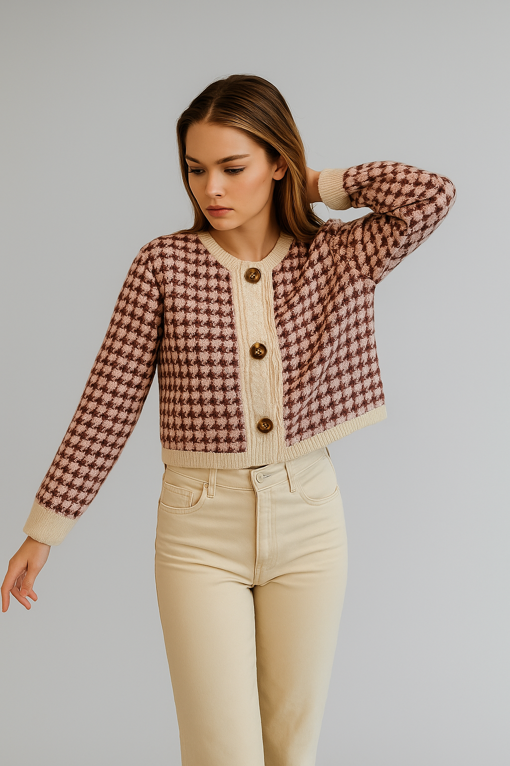 Strick-Cardigan kariert mit Zierknöpfen