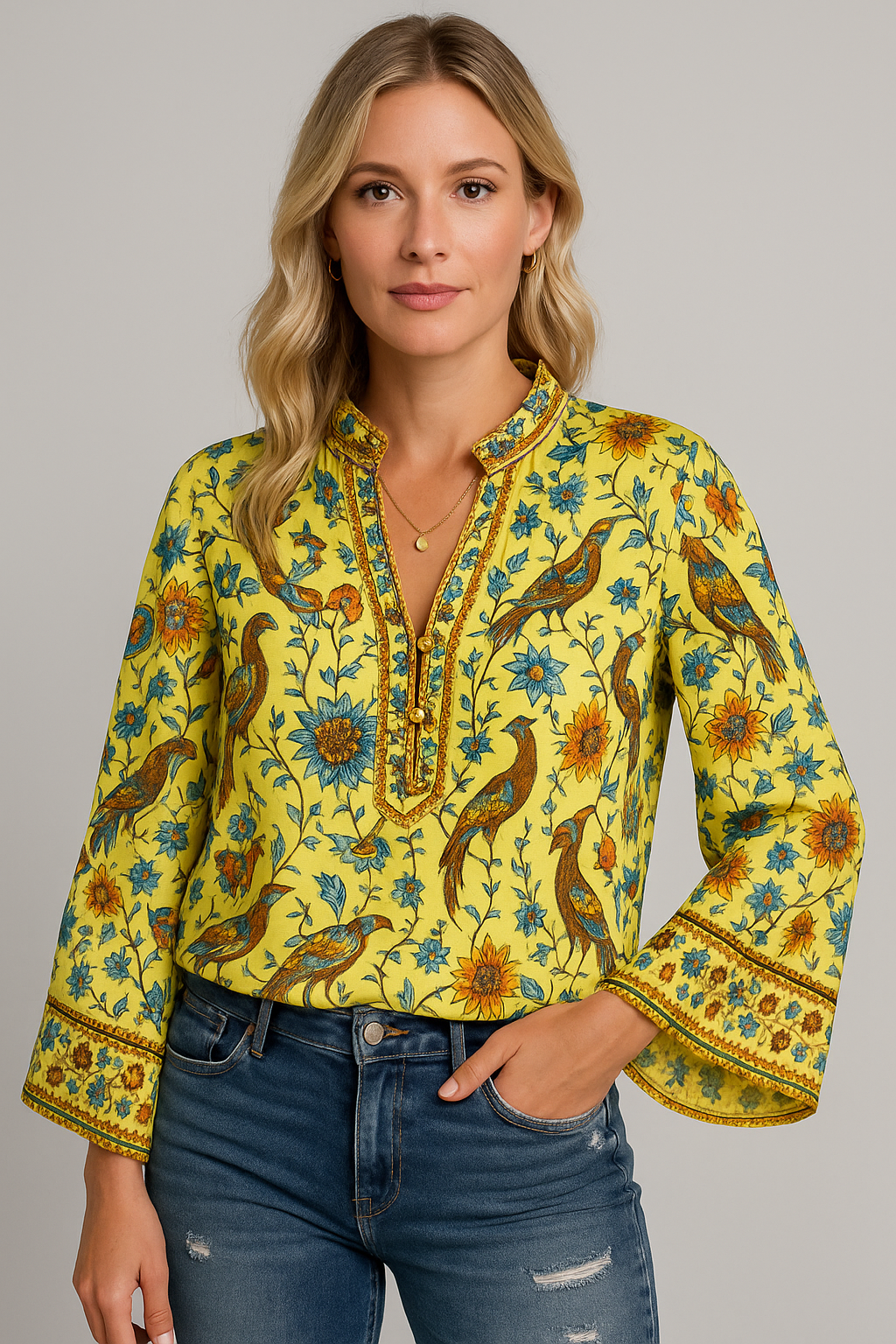 Boho-Bluse mit Ethno-Print & Trompetenärmeln