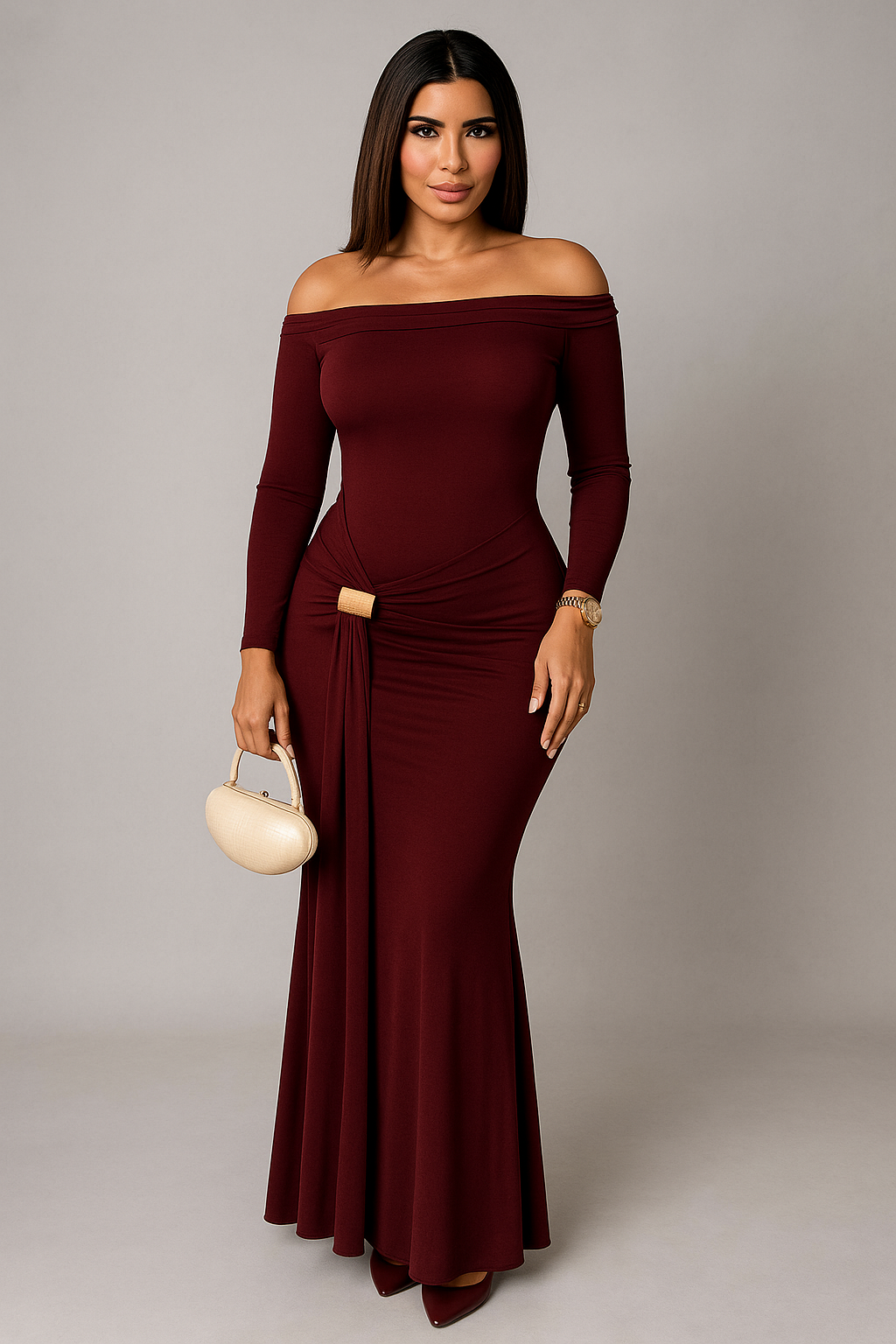 Elegantes Off-Shoulder Abendkleid mit Drapierung & Gold-Detail