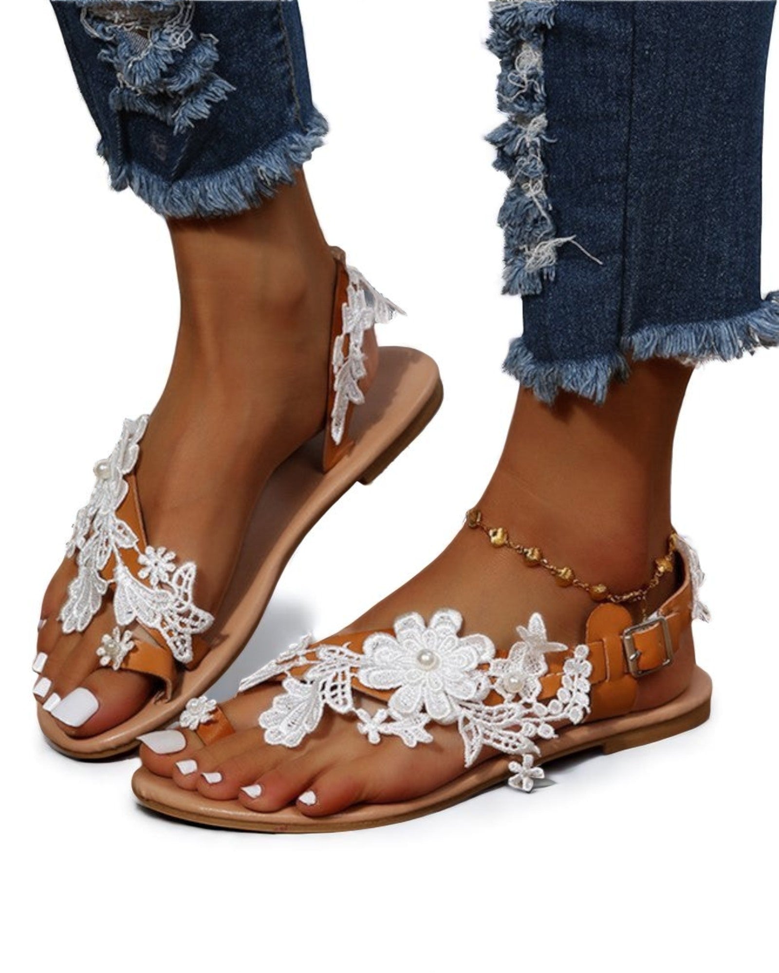 Bequeme Sandalen Salomeea mit Blumen und Knöchelriemen