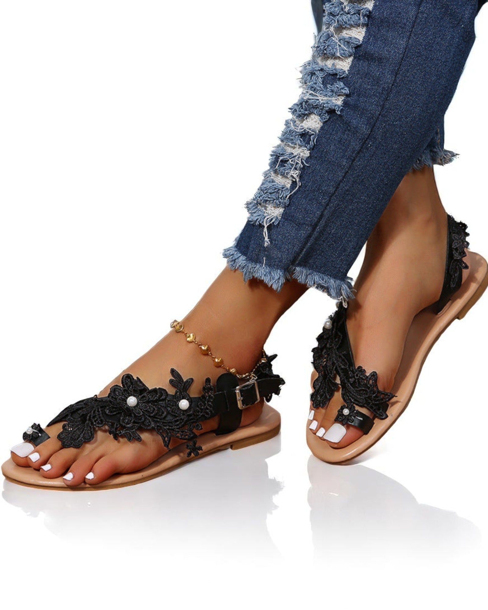 Bequeme Sandalen Salomeea mit Blumen und Knöchelriemen