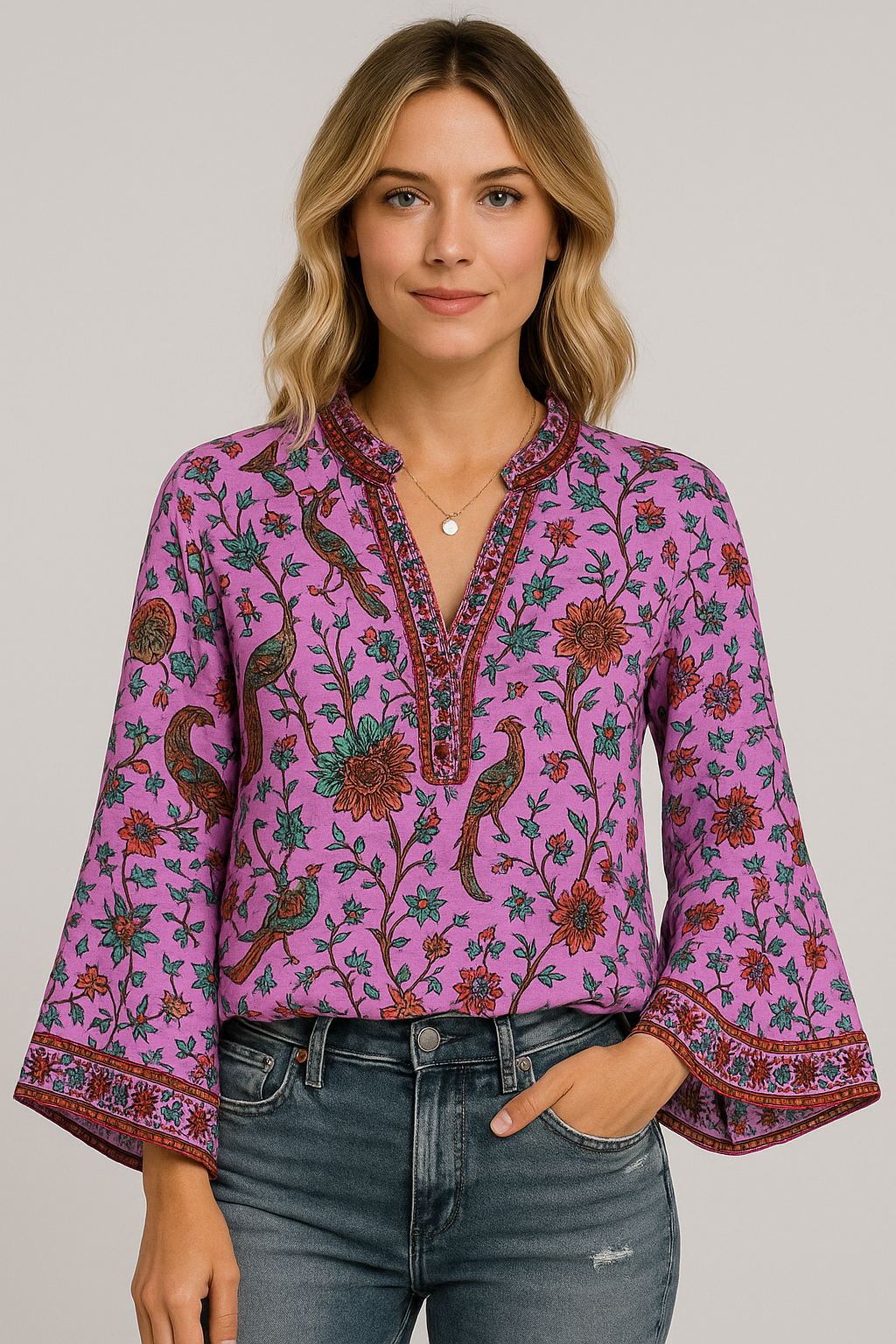 Boho-Bluse mit Ethno-Print & Trompetenärmeln