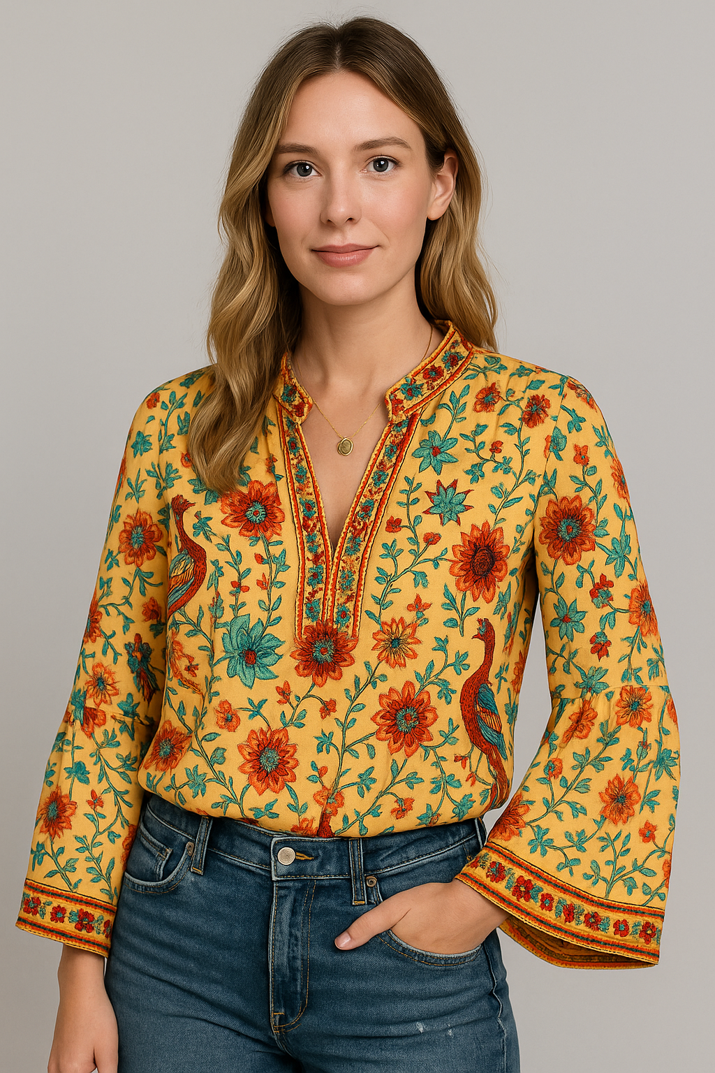 Boho-Bluse mit Ethno-Print & Trompetenärmeln