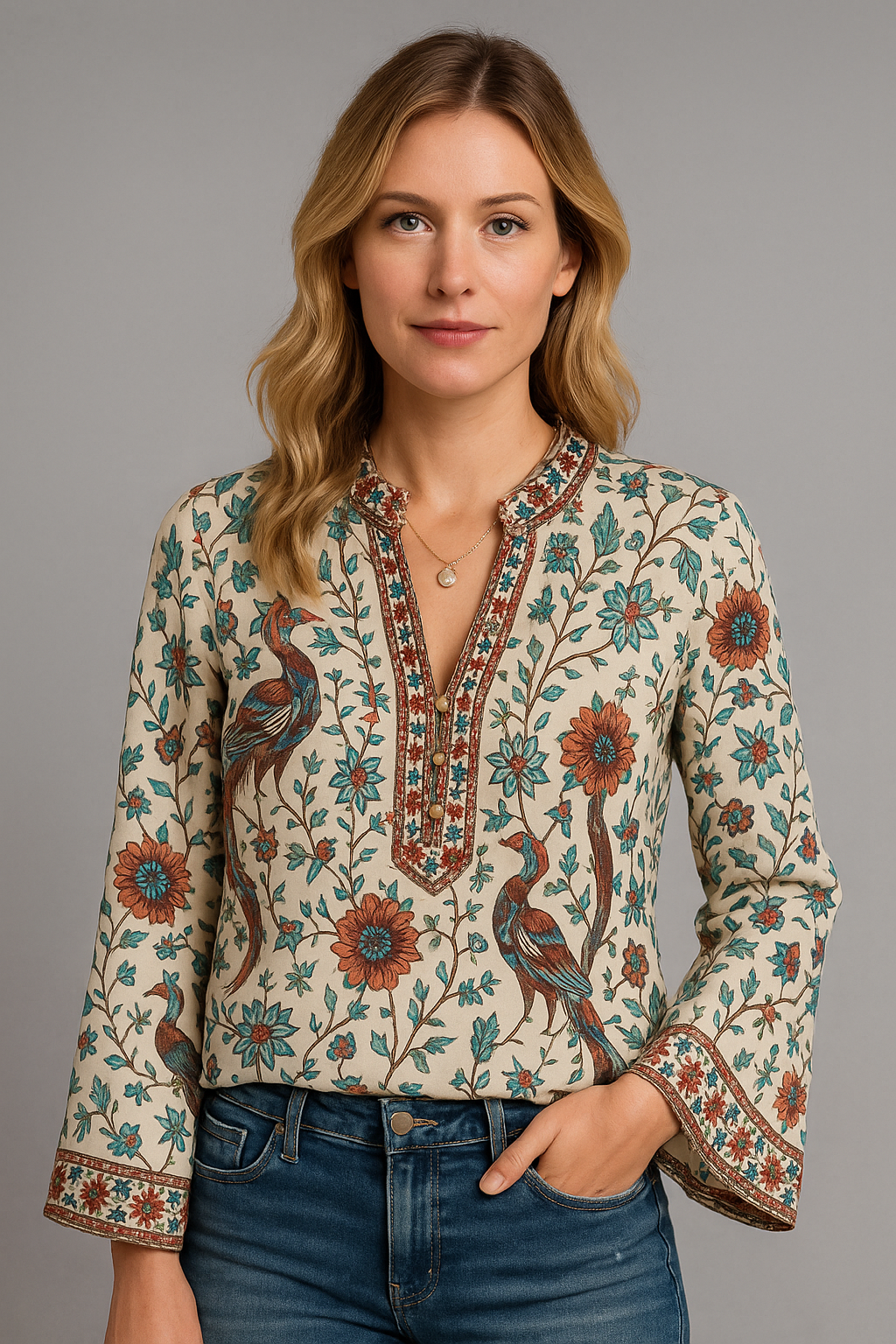 Boho-Bluse mit Ethno-Print & Trompetenärmeln