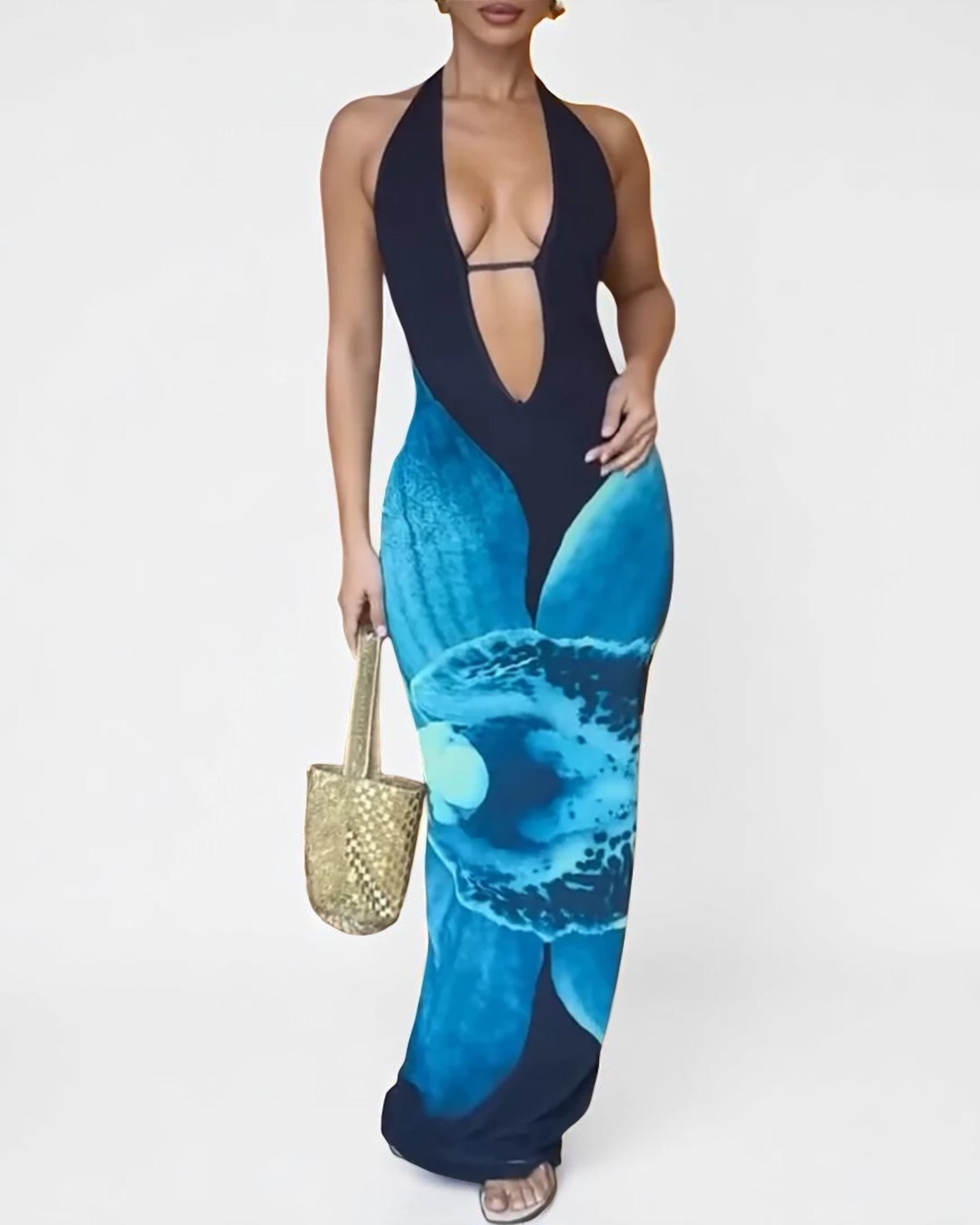 Theodora Maxikleid mit tiefem Ausschnitt – Vibes Ocean Blue