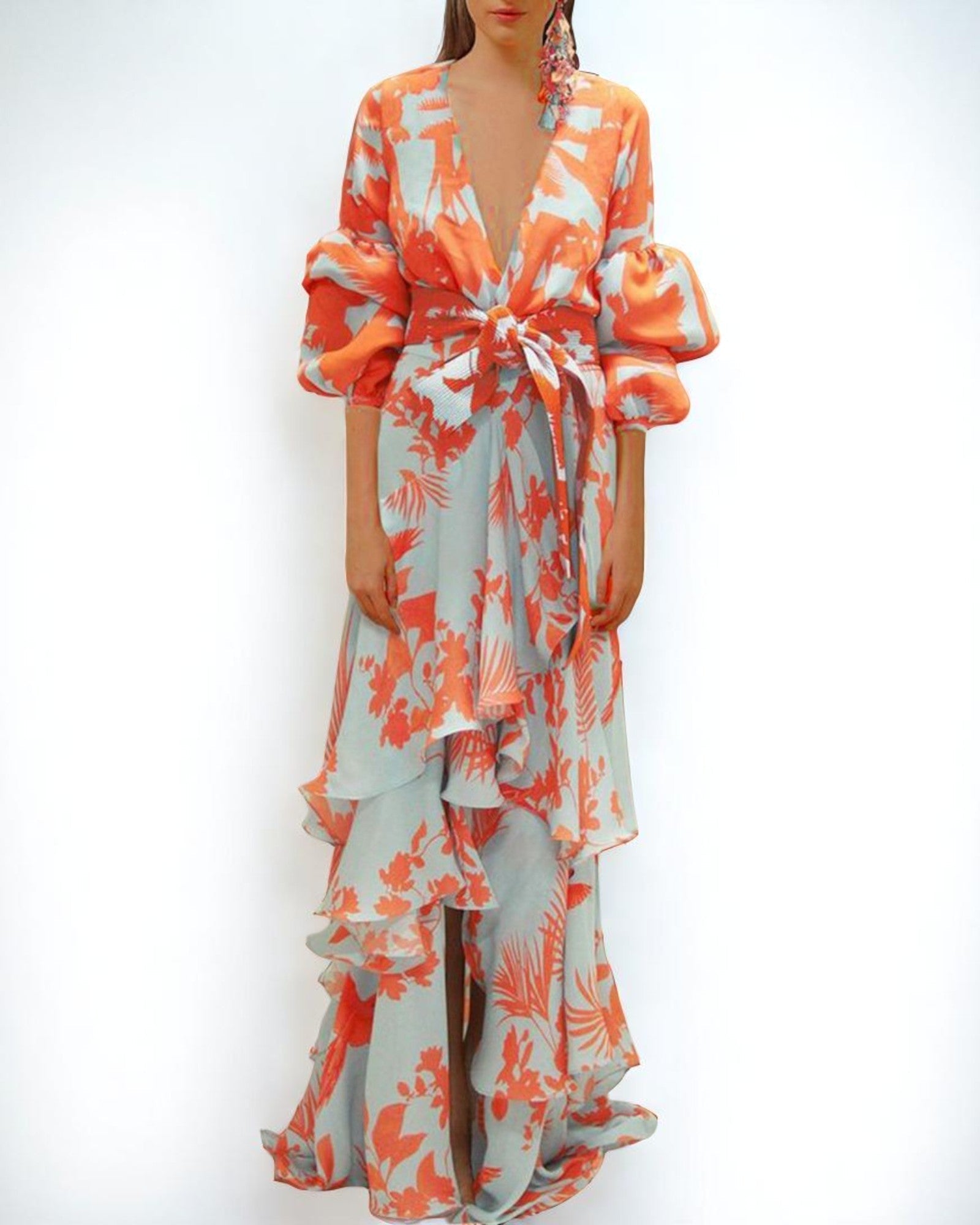 Elisheva Elegantes Maxikleid mit Volants und tropischem Muster