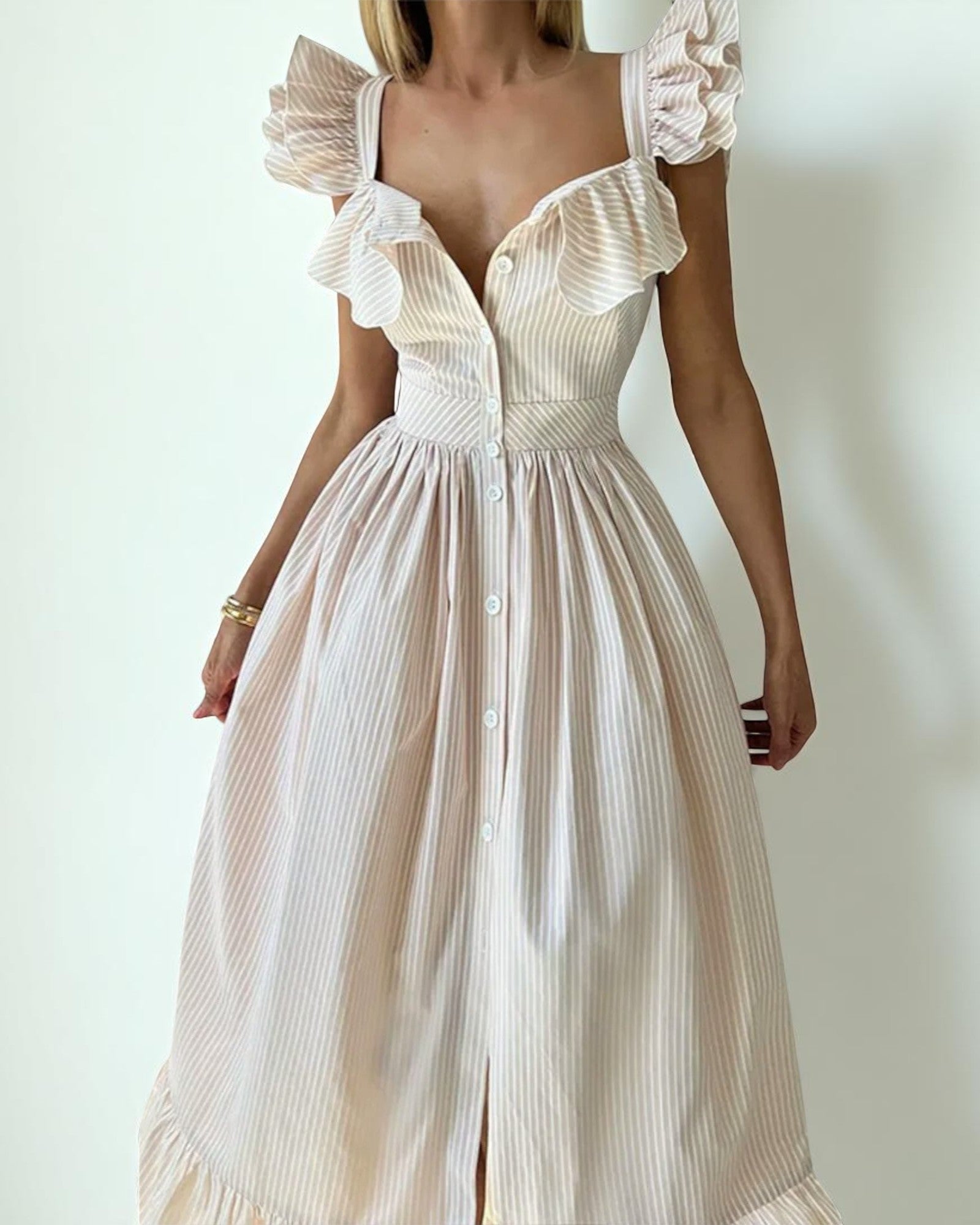 Ulania Romantisches Midi-Kleid mit Rüschen und Knopfverschluss
