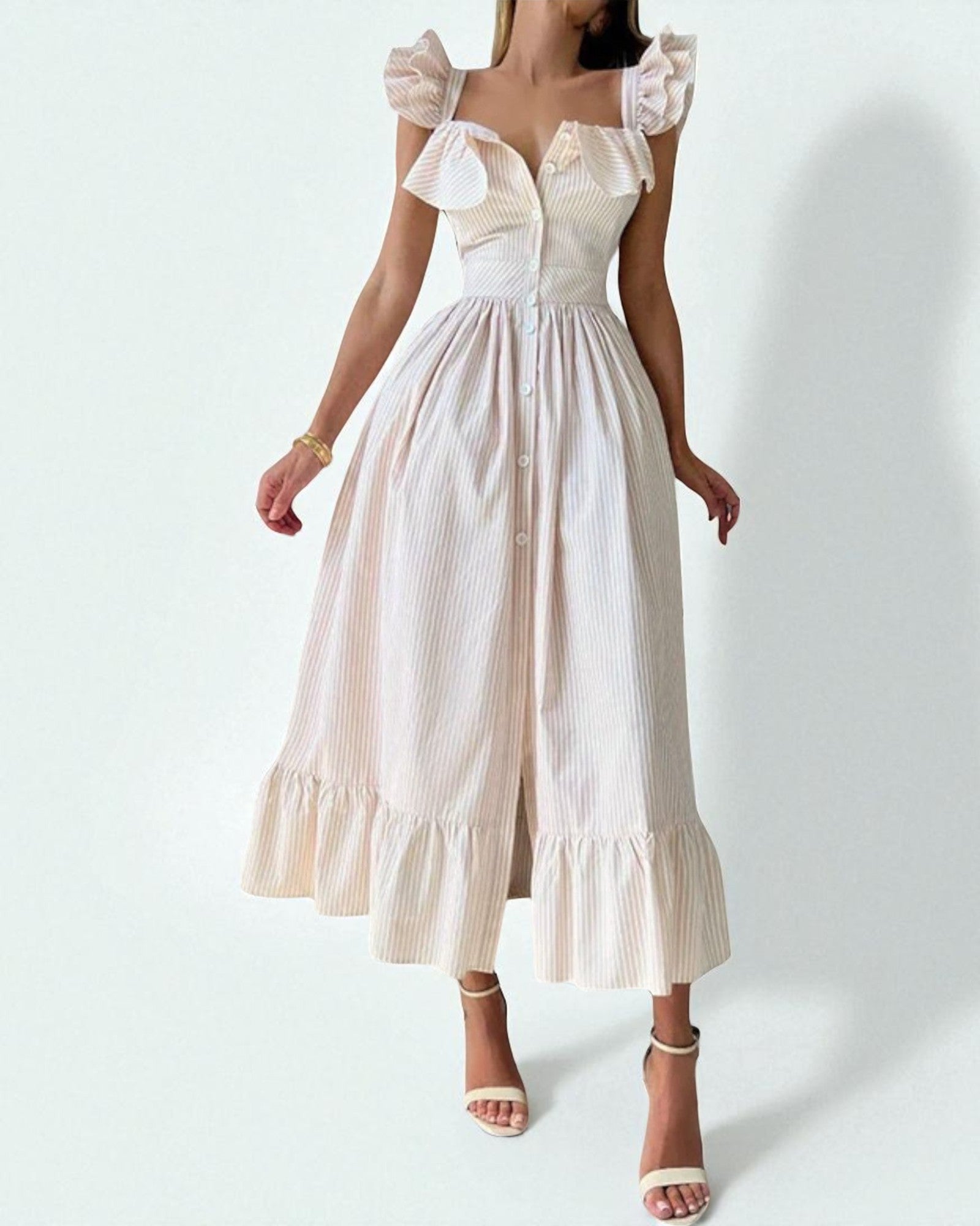 Ulania Romantisches Midi-Kleid mit Rüschen und Knopfverschluss