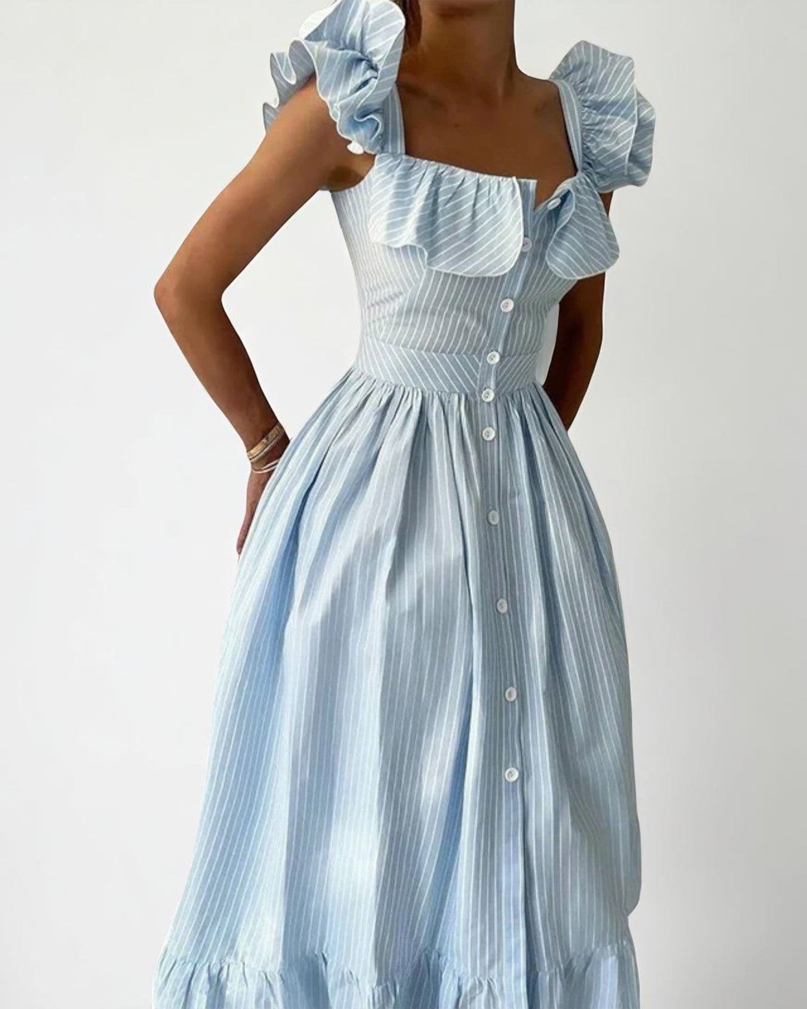 Ulania Romantisches Midi-Kleid mit Rüschen und Knopfverschluss