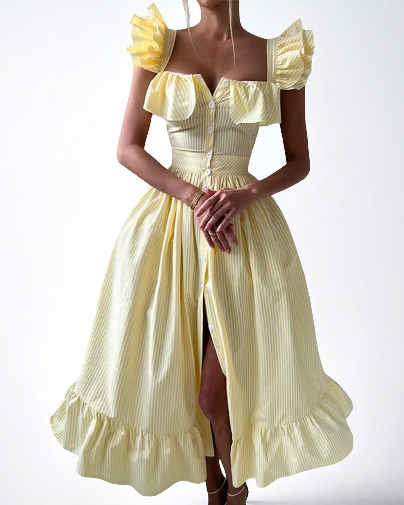 Ulania Romantisches Midi-Kleid mit Rüschen und Knopfverschluss