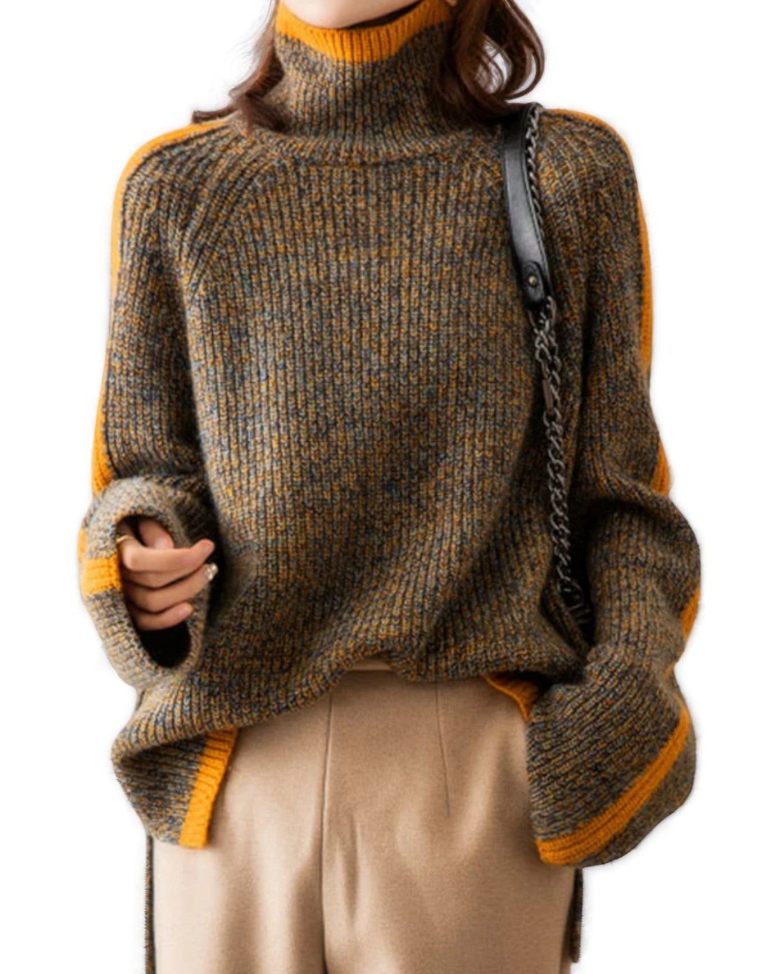 Marilena Pullover aus dickem Strick mit Stehkragen und orangefarbenen Streifen