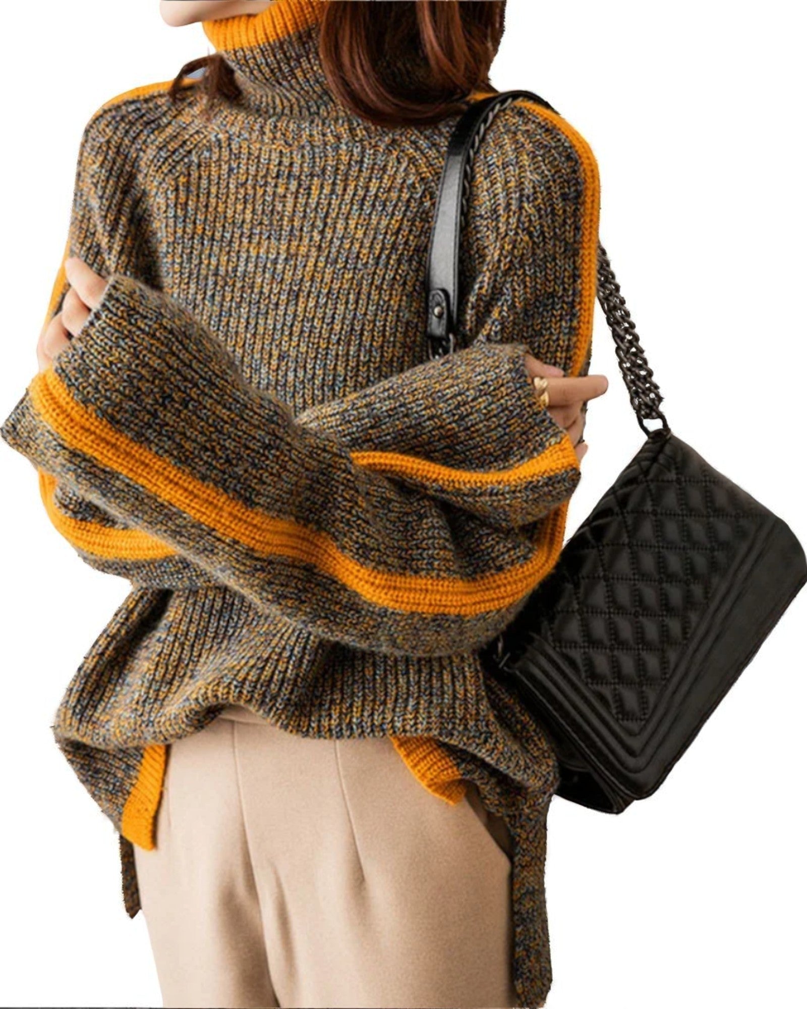 Marilena Pullover aus dickem Strick mit Stehkragen und orangefarbenen Streifen